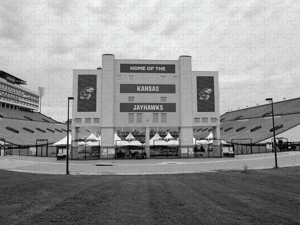 Kansas Jayhawks Stadium Jigsaw Puzzle featuring the photograph Kansas Jayhawks football stadium in black and white by Eldon McGraw