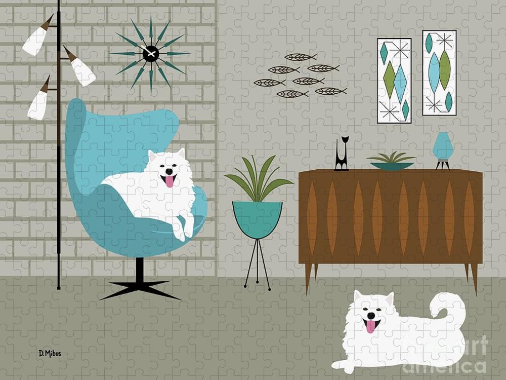 Mid Century Modern Jigsaw Puzzle featuring the digital art Mid Century Modern White Dogs by Donna Mibus
