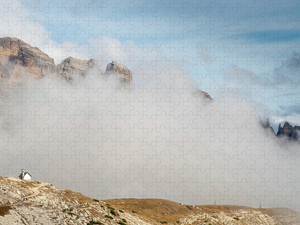 Tre Cime Jigsaw Puzzle featuring the photograph Mountain landscape with fog in autumn. Tre Cime dolomiti Italy. by Michalakis Ppalis