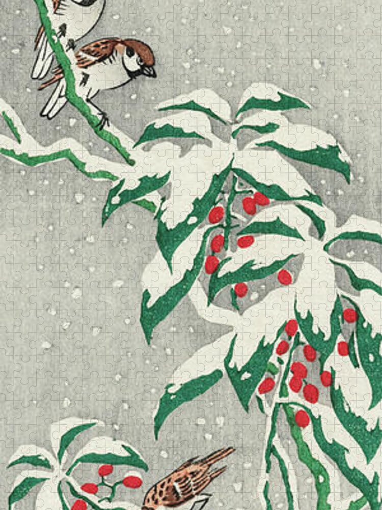 Birds Jigsaw Puzzle featuring the painting Sparrows on snowy berry bush #3 by Ohara Koson