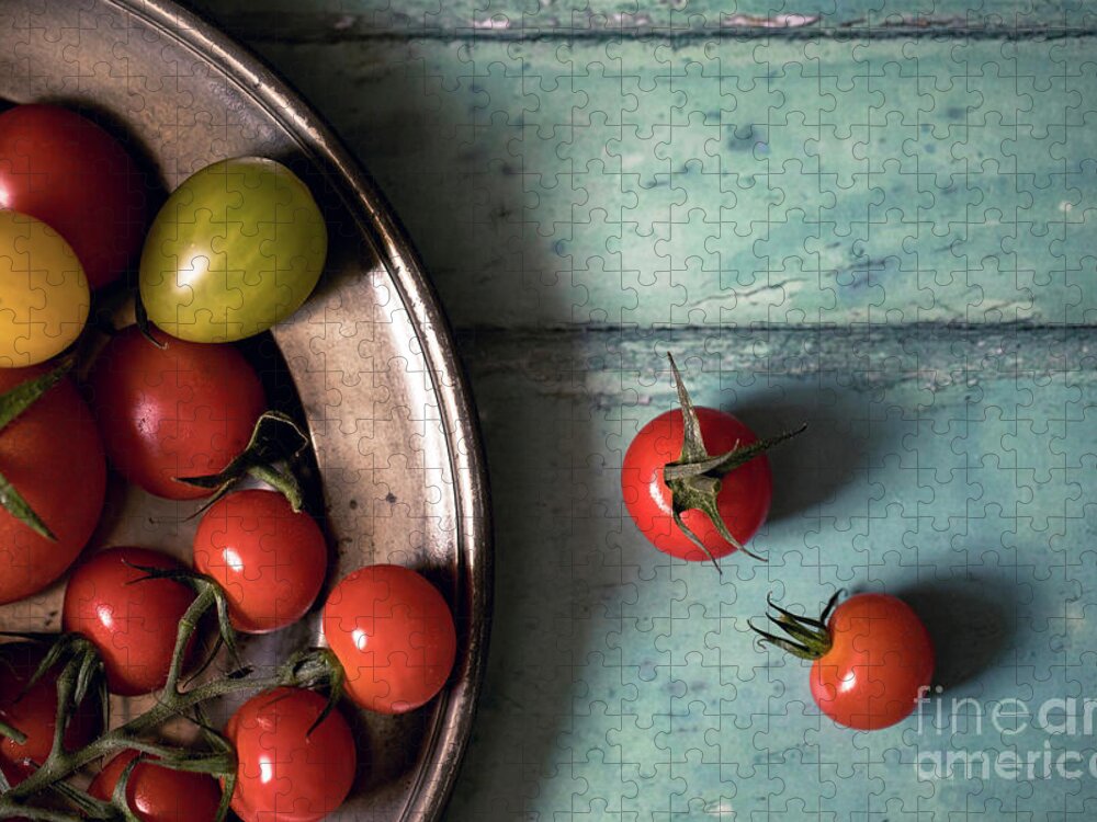 Tomatoes Jigsaw Puzzle featuring the photograph Tomatoes on a pewter plate #2 by Jane Rix