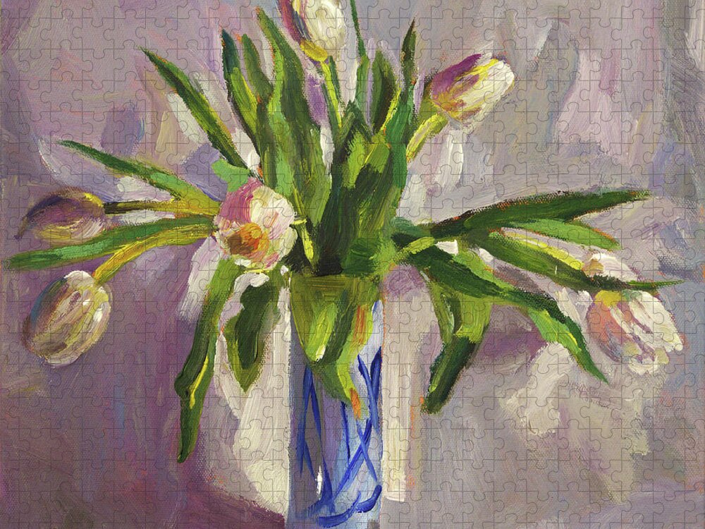 Still Life Jigsaw Puzzle featuring the painting Tulips In Blue Glass #2 by David Lloyd Glover