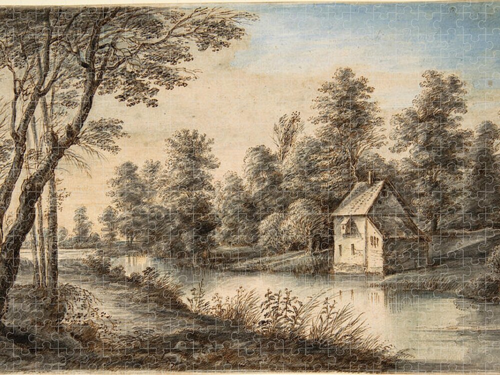 Lucas Van Uden Jigsaw Puzzle featuring the drawing Wooded Landscape with a House beside a River #2 by Lucas van Uden