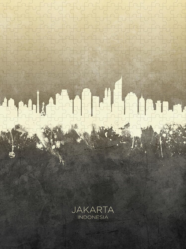 Jakarta Jigsaw Puzzle featuring the digital art Jakarta Skyline Indonesia #20 by Michael Tompsett