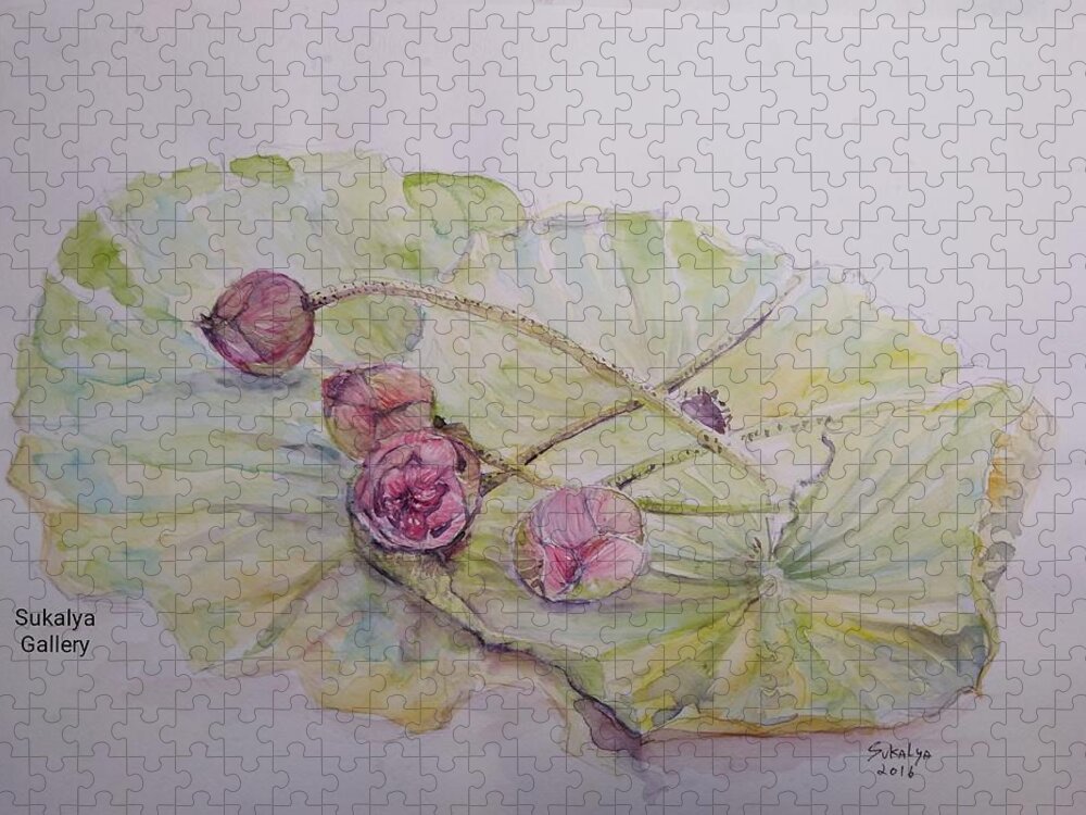 Lotus Jigsaw Puzzle featuring the painting 2016 Flower#3 by Sukalya Chearanantana