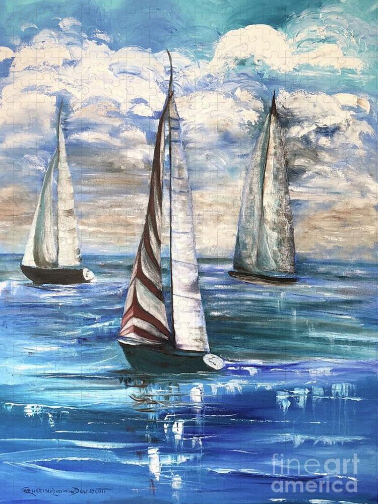 Beach Jigsaw Puzzle featuring the painting Sailboat Regatta at Delray Beach Florida by Catherine Ludwig Donleycott