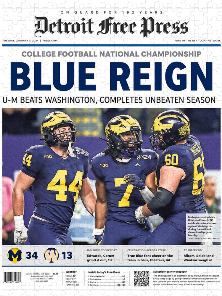 Michigan Jigsaw Puzzle featuring the digital art 2024 CFP National Championship Commemorative Cover by Detroit Free Press