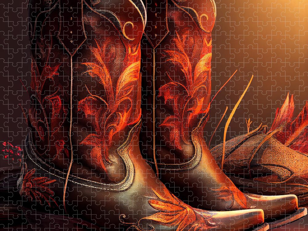 Cowboy Jigsaw Puzzle featuring the mixed media Cowboy Boots #26 by Stephen Smith Galleries