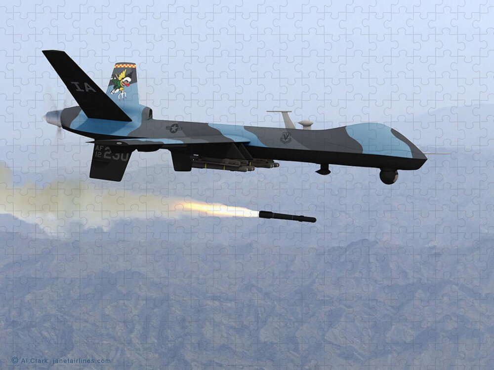 Reaper Jigsaw Puzzle featuring the digital art MQ-9 Reaper Firing Hellfire Missile by Custom Aviation Art