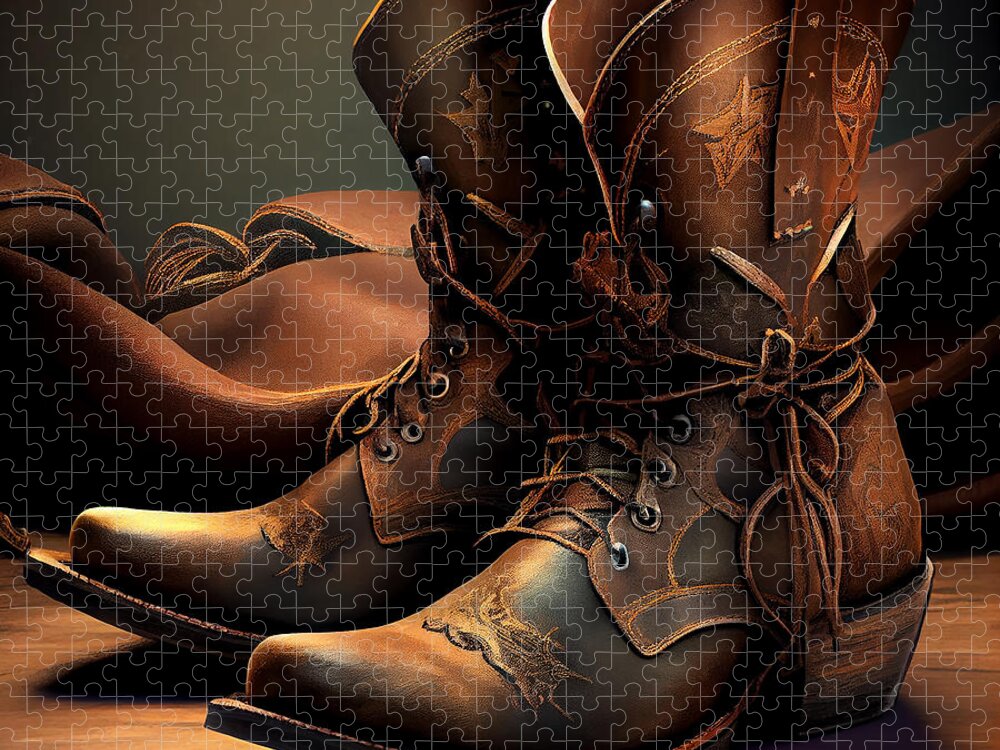 Cowboy Jigsaw Puzzle featuring the mixed media Cowboy Boots #28 by Stephen Smith Galleries
