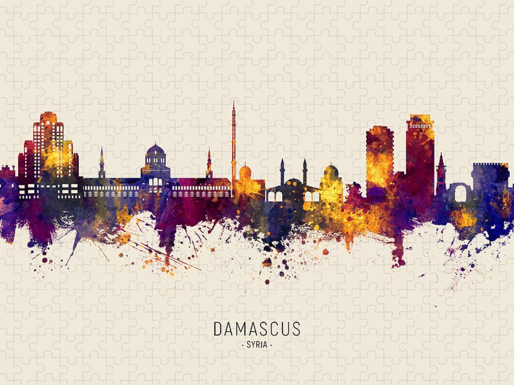 Damascus Jigsaw Puzzle featuring the digital art Damascus Syria Skyline #28 by Michael Tompsett