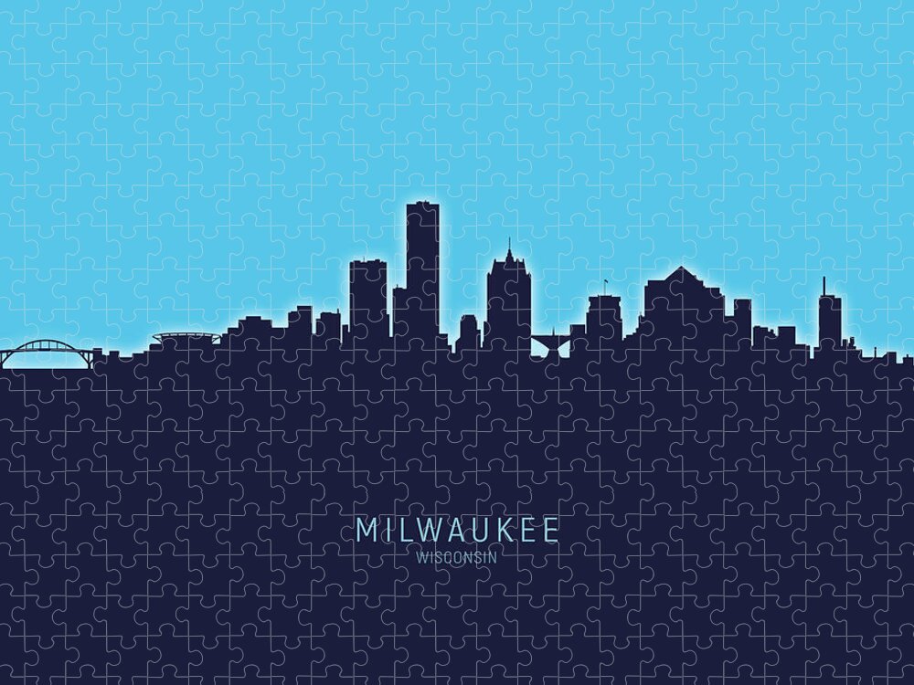 Milwaukee Jigsaw Puzzle featuring the digital art Milwaukee Wisconsin Skyline #28 by Michael Tompsett