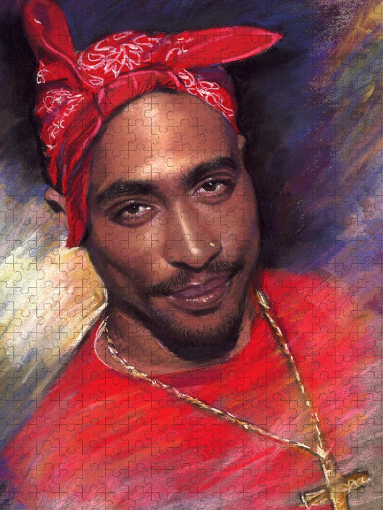 Tupac Jigsaw Puzzle featuring the drawing 2Pac Red by Viola El