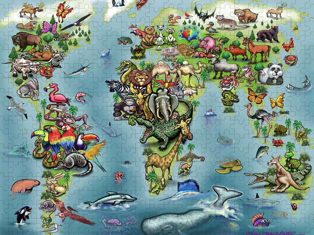 Animal Jigsaw Puzzle featuring the digital art Animals World Map by Kevin Middleton