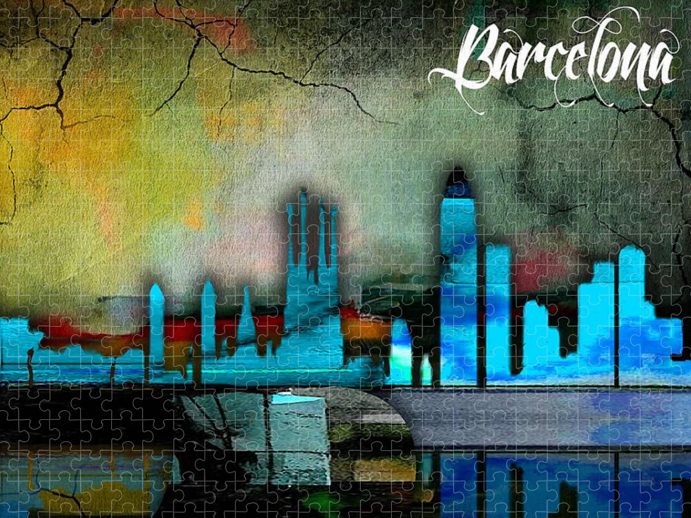 Barcelona Art Jigsaw Puzzle featuring the mixed media Barcelona Spain Skyline Watercolor #3 by Marvin Blaine
