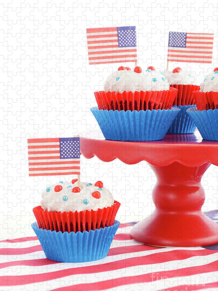 Celebrate Jigsaw Puzzle featuring the photograph Happy Fourth of July Cupcakes on Red Stand #3 by Milleflore Images