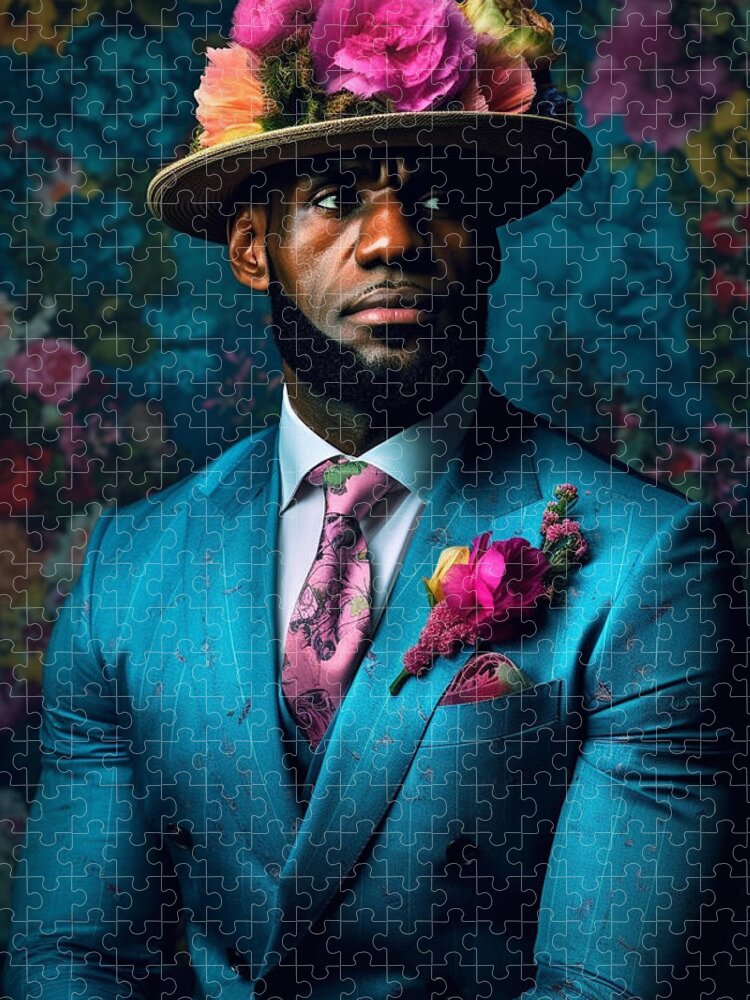 Lebron James The Man Is Dressed In A Short Blue Art Jigsaw Puzzle featuring the painting LeBron James the man is dressed in a short blue by Asar Studios #3 by Celestial Images