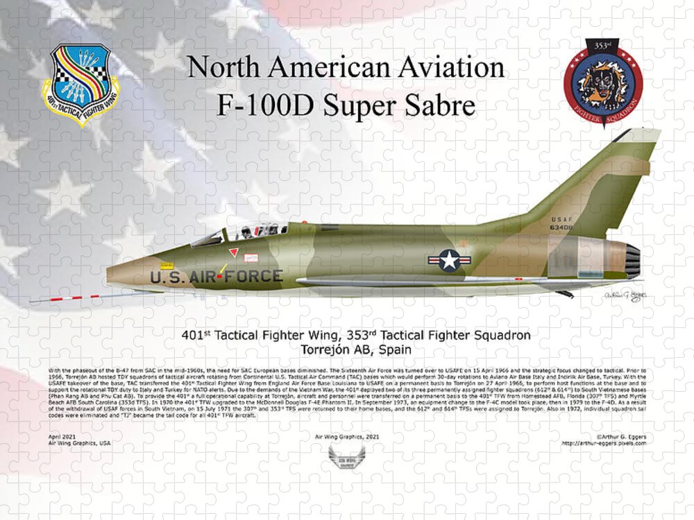 North American Aviation Jigsaw Puzzle featuring the digital art North American Aviation F-100D Super Sabre FLAG BACKGROUND by Arthur Eggers