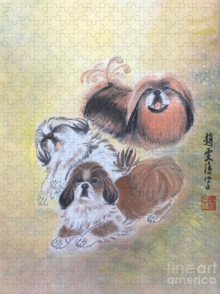 Pekes Jigsaw Puzzle featuring the painting Three Pekes in a Pod - 3 by Carmen Lam