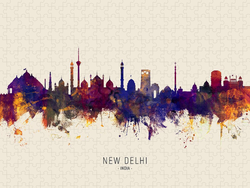New Delhi Puzzle featuring the digital art New Delhi India Skyline by Michael Tompsett