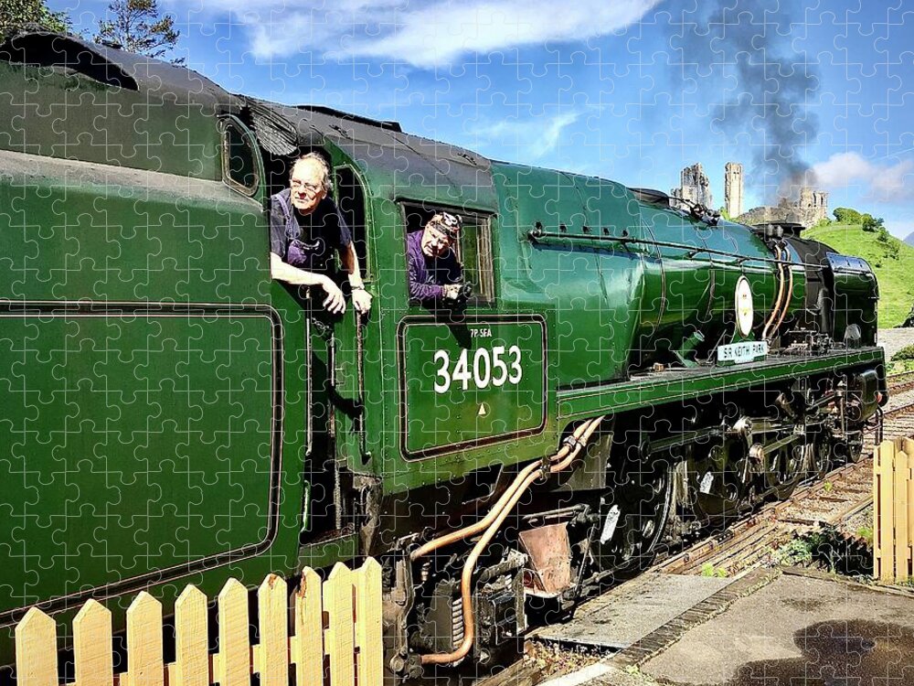 34053 Jigsaw Puzzle featuring the photograph SR Battle of Britain Class34053 Sir Keith Park Crew at Corfe by Gordon James