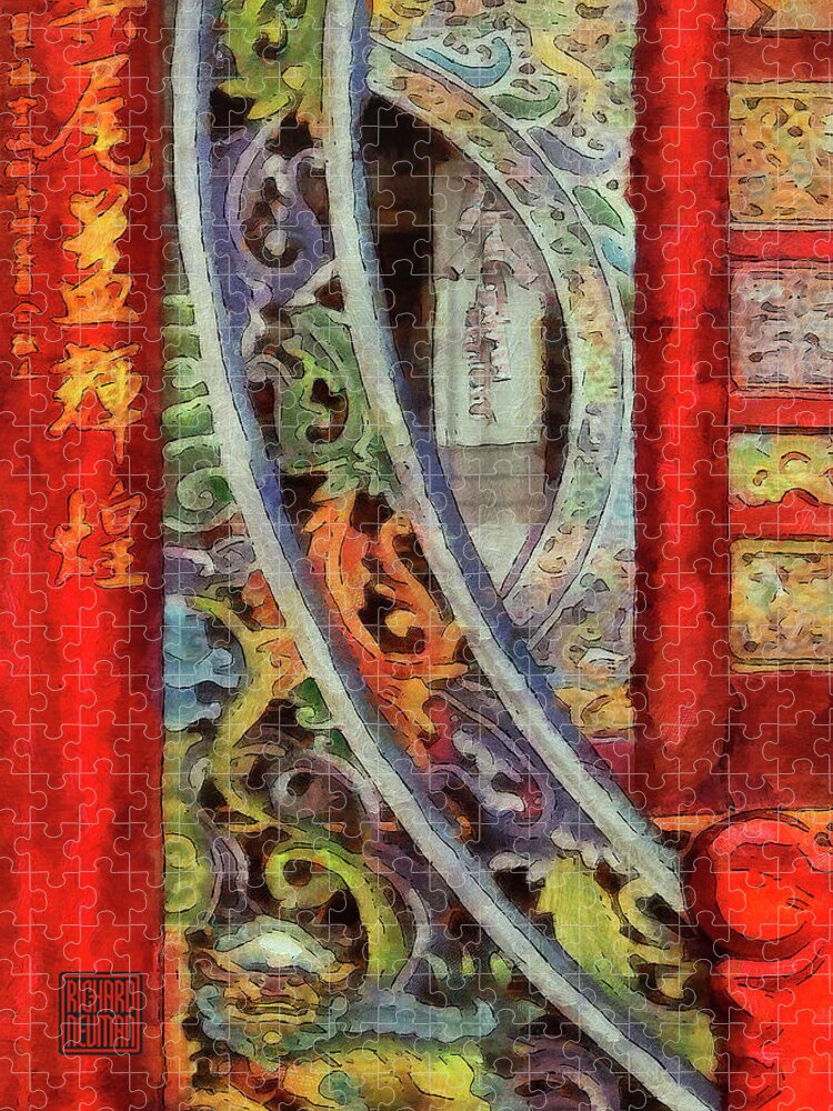 Architecture Jigsaw Puzzle featuring the mixed media 341 Colorful Gates, Jingfu Temple, Taoyuan, Taiwan by Richard Neuman Architectural Gifts