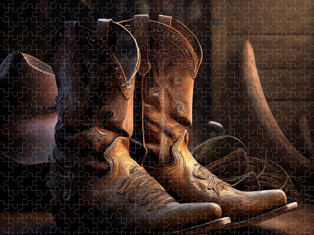 Cowboy Jigsaw Puzzle featuring the mixed media Cowboy Boots #36 by Stephen Smith Galleries