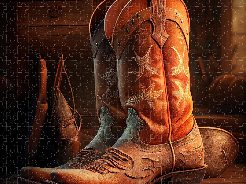 Cowboy Jigsaw Puzzle featuring the mixed media Cowboy Boots #37 by Stephen Smith Galleries