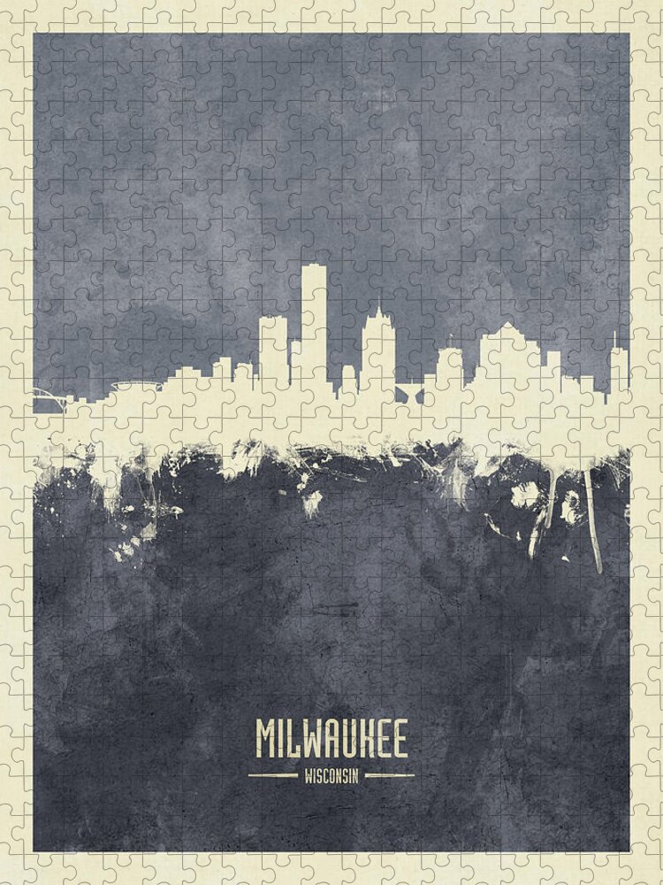 Milwaukee Jigsaw Puzzle featuring the digital art Milwaukee Wisconsin Skyline #37 by Michael Tompsett