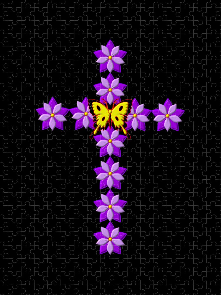 3d Look Flowers And Butterfly Easter Sunday Resurrection Cross Jigsaw Puzzle featuring the digital art 3D Look Flowers and Butterfly Easter Sunday Resurrection Cross by Rose Santuci-Sofranko