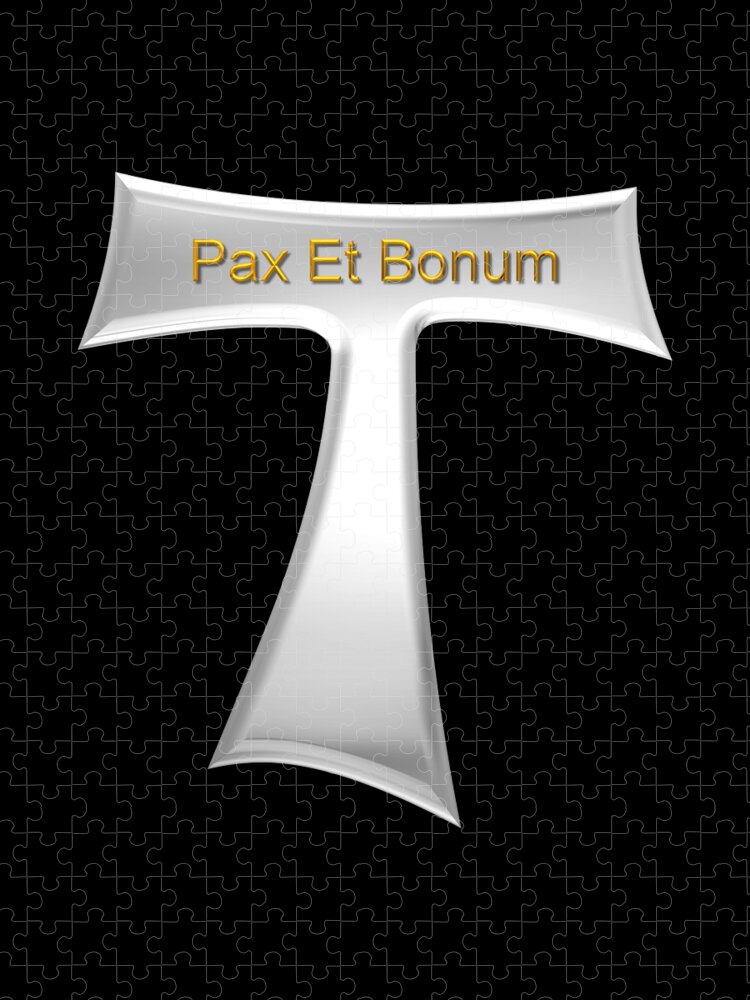 3d Look Franciscan Tau Cross Pax Et Bonum Silver And Gold Metallic Jigsaw Puzzle featuring the digital art 3D Look Franciscan Tau Cross Pax Et Bonum Silver and Gold Metallic by Rose Santuci-Sofranko