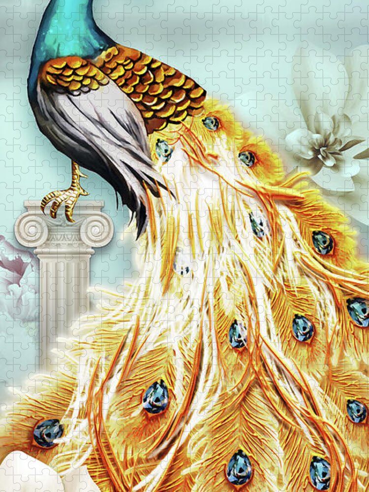 3d Mural Art Peacock With Golden Flowers And Classic Background . Paint  Illustration Art With Flowe Jigsaw Puzzle by Mosamem Adv - Pixels