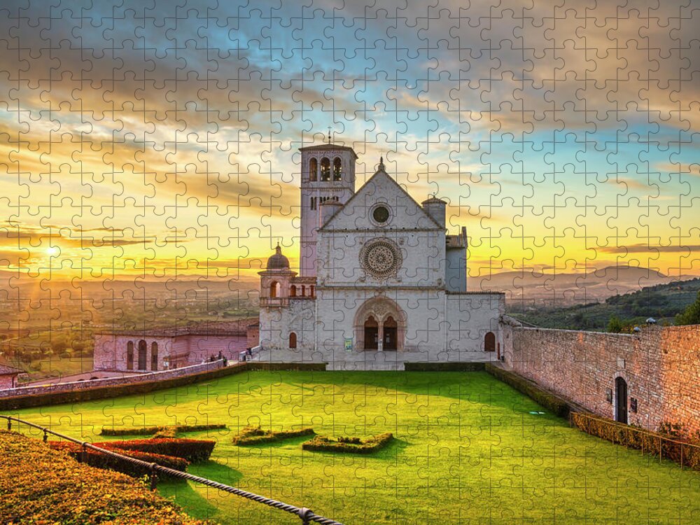 Assisi Jigsaw Puzzle featuring the photograph Assisi, San Francesco Basilica church at sunset. Umbria, Italy. #1 by Stefano Orazzini