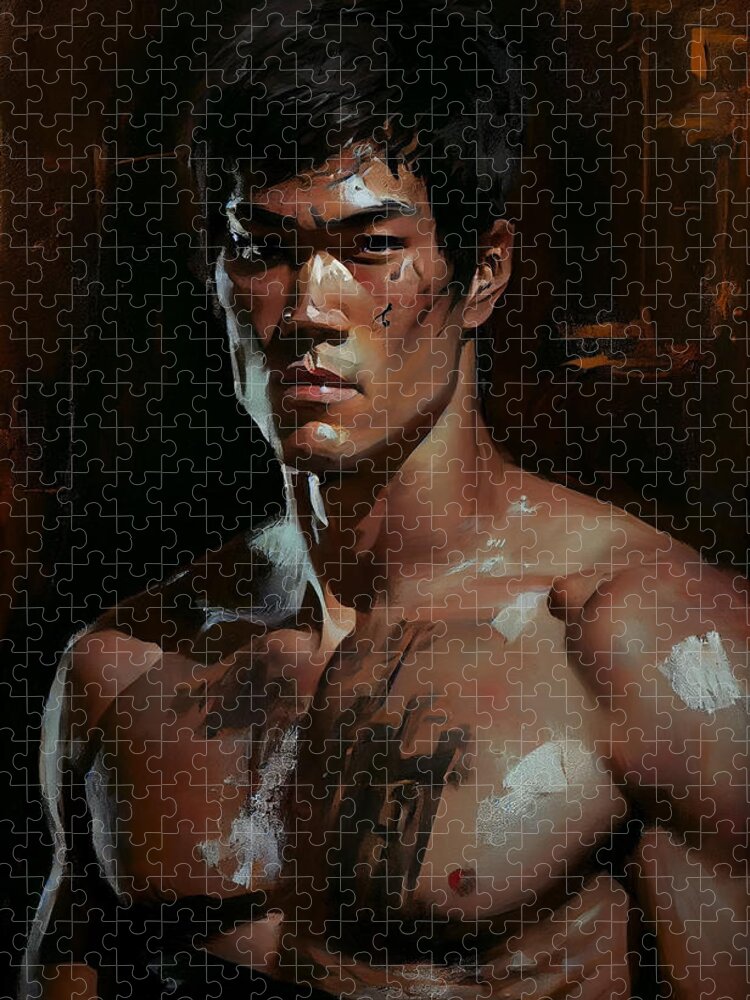 Beautiful Impressionist Painting Of Bruce Lee Art Jigsaw Puzzle featuring the painting Beautiful Impressionist painting of Bruce Lee a by Asar Studios #4 by Celestial Images
