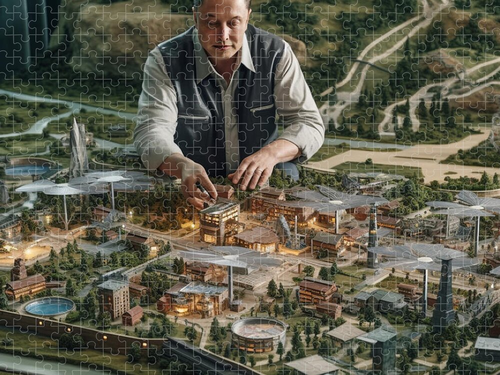 Elon Musk Utopia Land Hyper Realistic Stunning Art Jigsaw Puzzle featuring the painting elon musk UTOPIA land hyper realistic stunning by Asar Studios #4 by Celestial Images