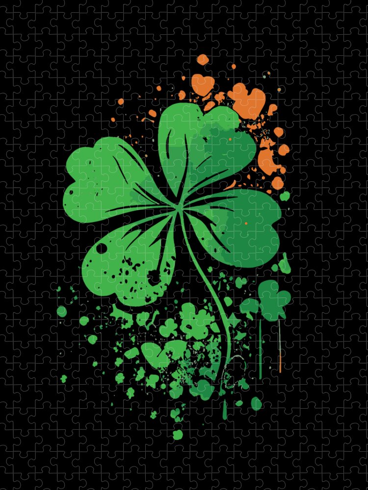 Cool Jigsaw Puzzle featuring the digital art 4 Leaf Clover St Patricks Day Paint Splatter by Flippin Sweet Gear