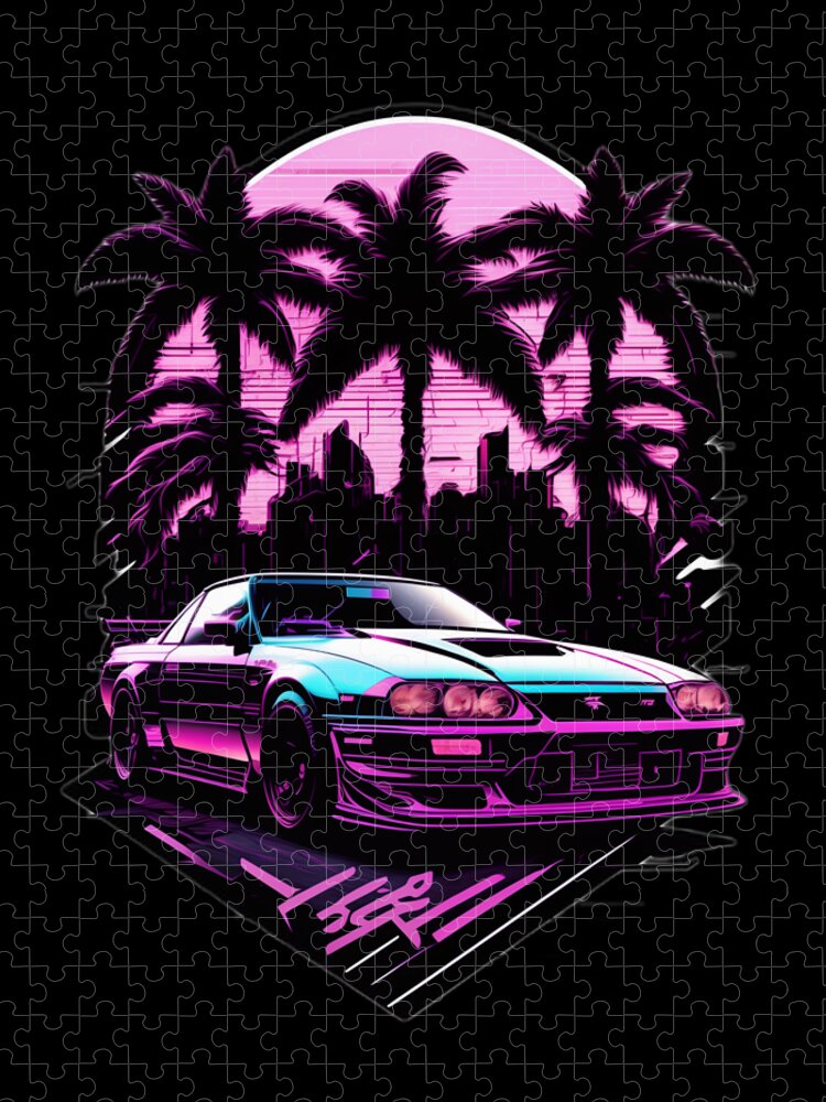 Synthwave Jigsaw Puzzle featuring the digital art Sunset and car #4 by Quik Digicon Art Club