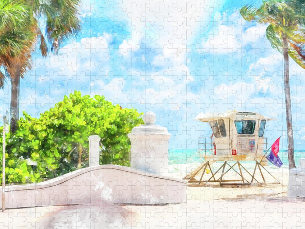 Fort Lauderdale Jigsaw Puzzle featuring the digital art Watercolor painting illustration of Seafront beach promenade with palm trees in Fort Lauderdale by Maria Kray