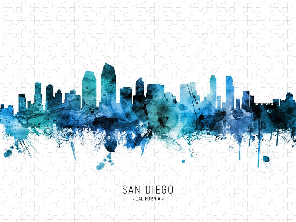 San Diego Jigsaw Puzzle featuring the digital art San Diego California Skyline #42 by Michael Tompsett