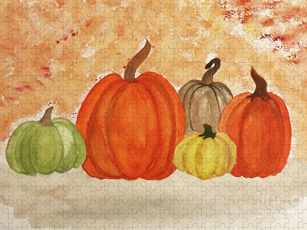 Pumpkins Jigsaw Puzzle featuring the painting 5 Pumpkins by Lisa Neuman