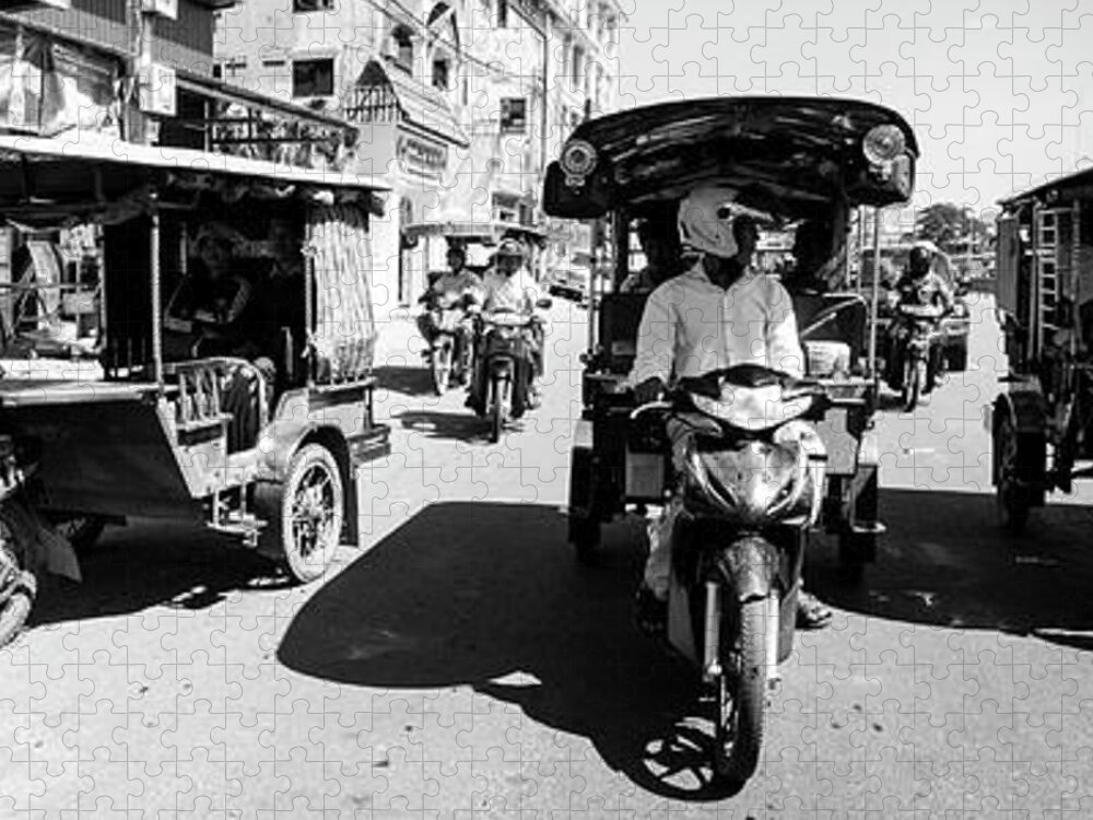 Panoramic Jigsaw Puzzle featuring the photograph Siem Reap cambodia street motorbikes #5 by Sonny Ryse