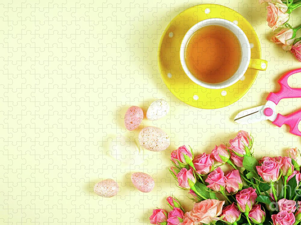 Spring Jigsaw Puzzle featuring the photograph Welcoming Spring theme concept tea break with pink roses and female accessories. #6 by Milleflore Images