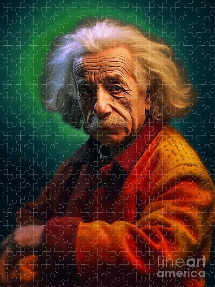 Albert Einstein Surreal Cinematic Minimalistic Art Jigsaw Puzzle featuring the painting Albert einstein Surreal Cinematic Minimalistic  by Asar Studios #7 by Celestial Images