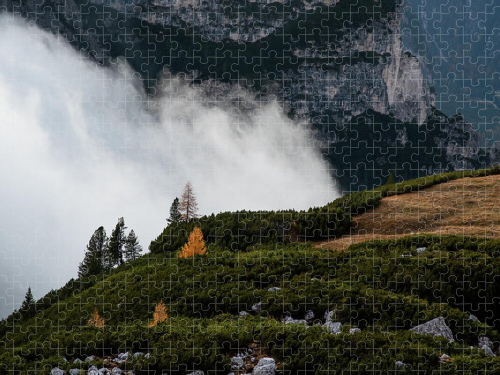 Italian Alps Jigsaw Puzzle featuring the photograph Mountain landscape with fog in autumn. Tre Cime dolomiti Italy. by Michalakis Ppalis
