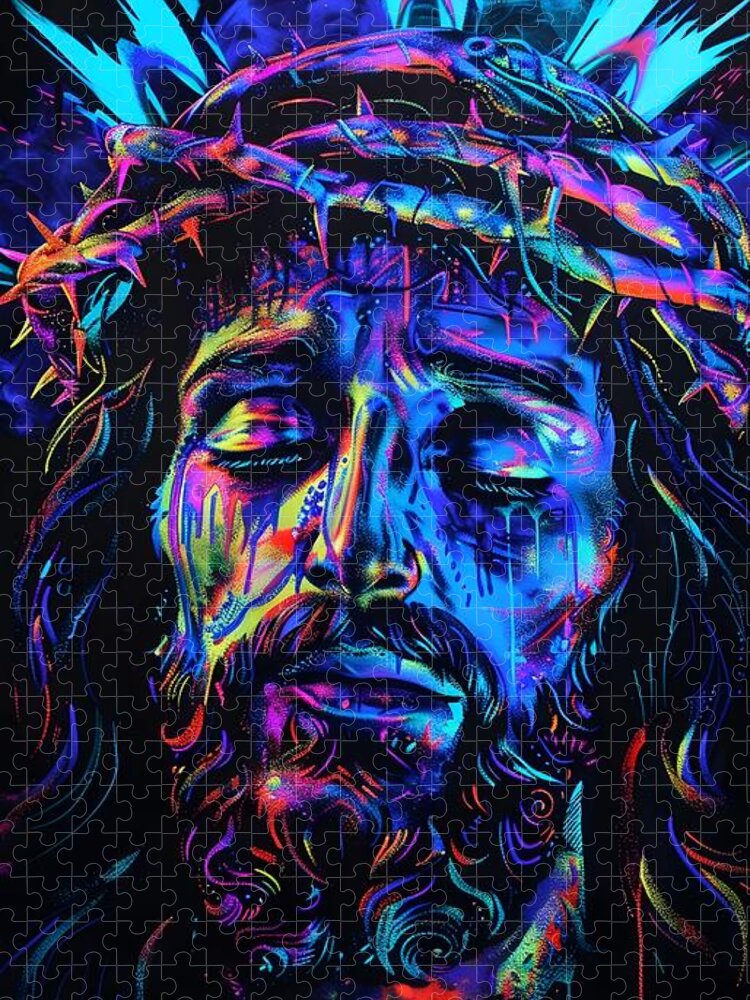 Jesus Jigsaw Puzzle featuring the digital art Sacred Portraits Faces of Jesus #7 by Kingartai