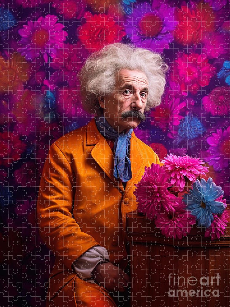 Albert Einstein Surreal Cinematic Minimalistic Art Jigsaw Puzzle featuring the painting Albert Einstein Surreal Cinematic Minimalistic  by Asar Studios #8 by Celestial Images