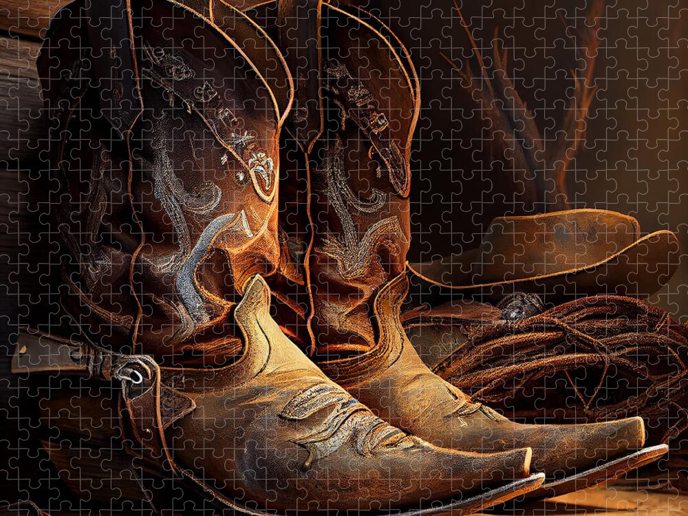 Cowboy Jigsaw Puzzle featuring the mixed media Cowboy Boots #8 by Stephen Smith Galleries