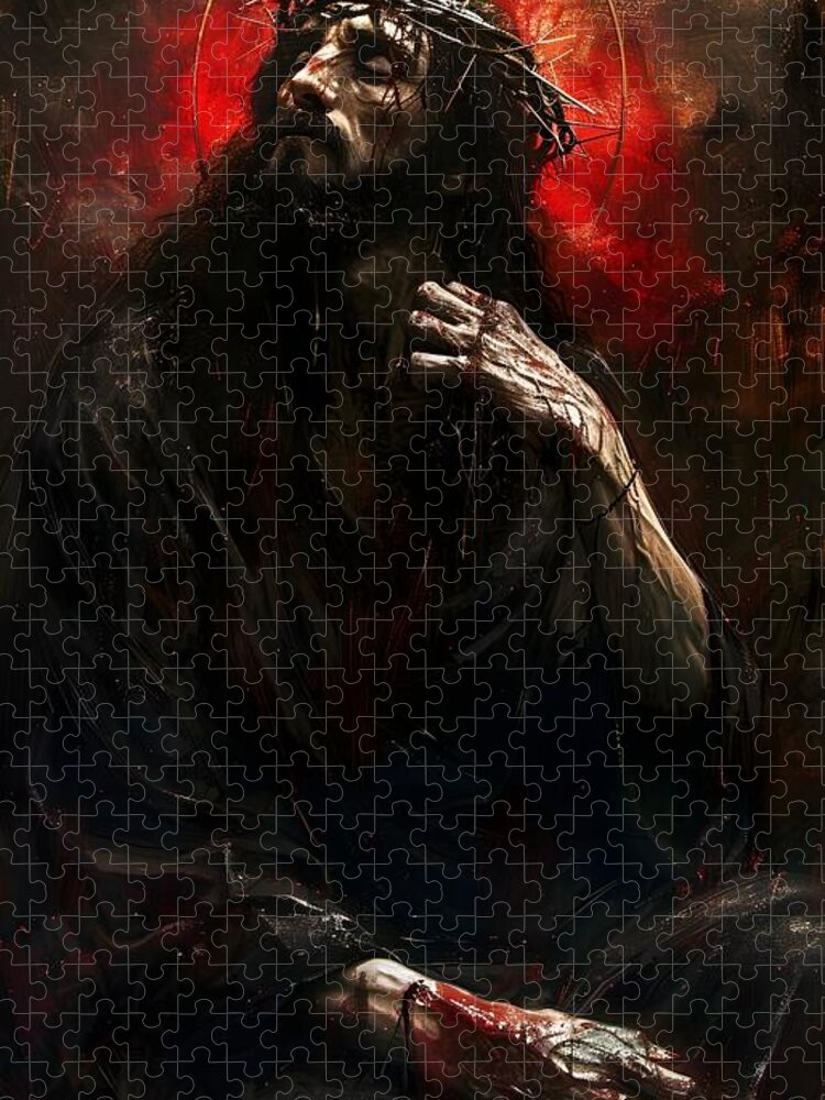Religious Jigsaw Puzzle featuring the digital art Sacred Portraits Faces of Jesus #8 by Kingartai