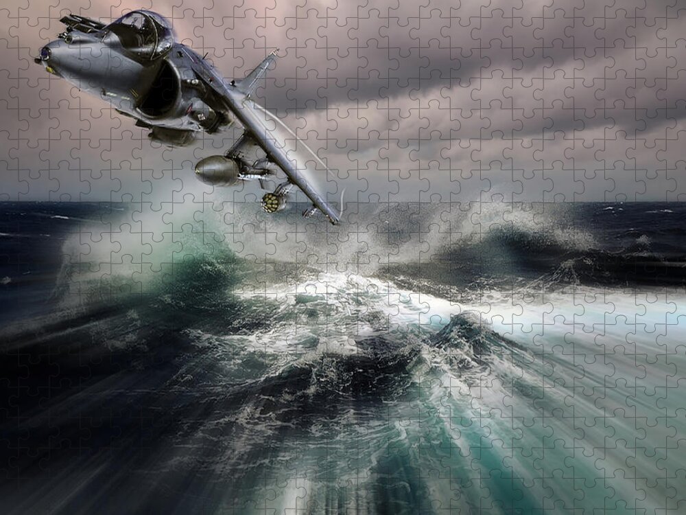 Harrier Jigsaw Puzzle featuring the digital art British Aerospace Harrier II GR9 Low Pass by Custom Aviation Art