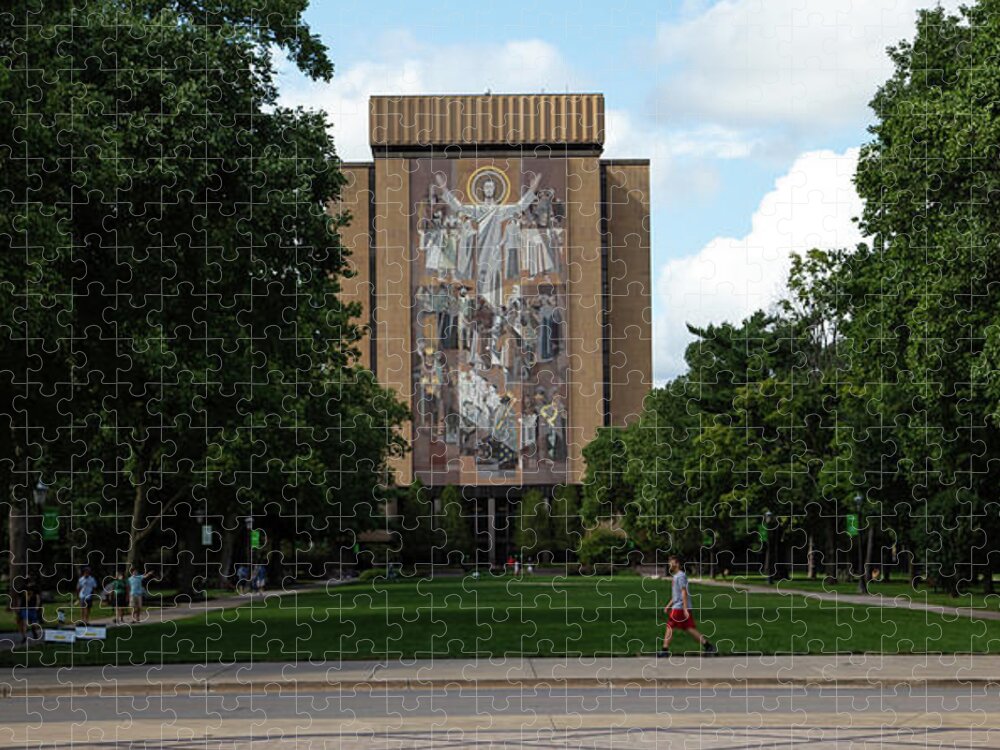Notre Dame Fighting Irish Jigsaw Puzzle featuring the photograph Wide view of Touchdown Jesus World of Life Mural University of Notre Dame by Eldon McGraw